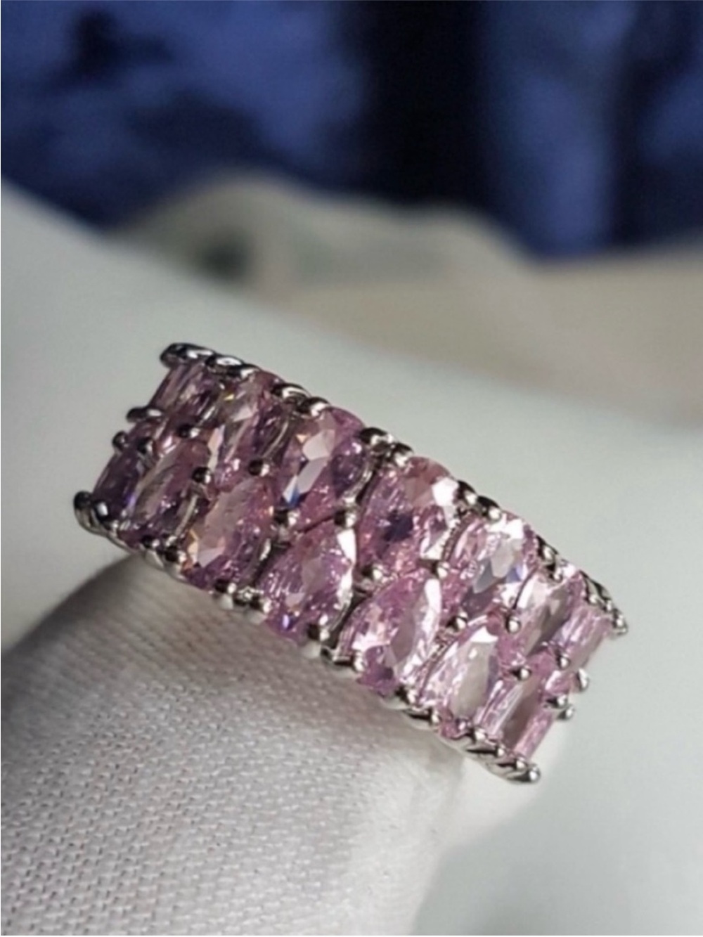 Swarovski Elements 925 Sterling Silver Pink Teardrop Eternity Band Ring NEW